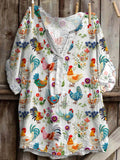 Comstylish Farm Chicken Embroidery Pattern Linen Blend V-Neck Shirt