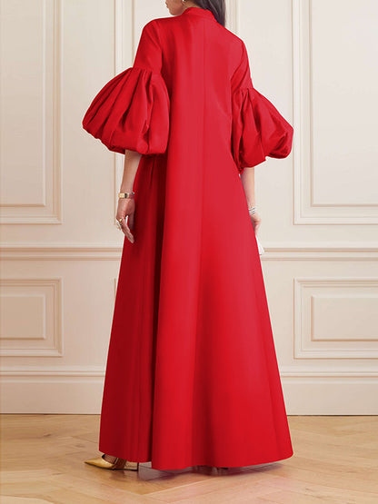Loose Flower Shape Color Stand Collar Lantern Sleeves Maxi Dresses