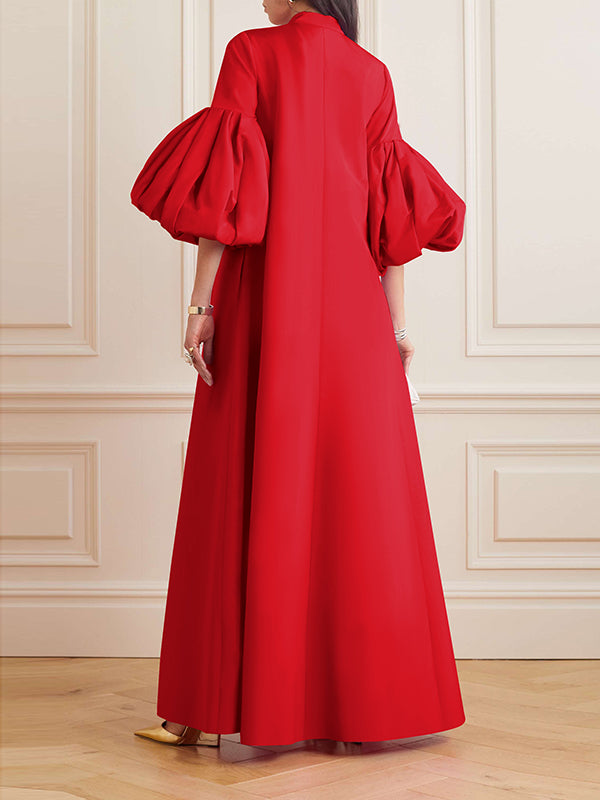 Loose Flower Shape Color Stand Collar Lantern Sleeves Maxi Dresses