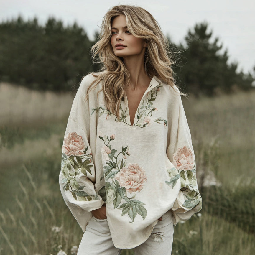 Women's Retro Pink Floral Pattern Linen V-neck Shirt elevenforest