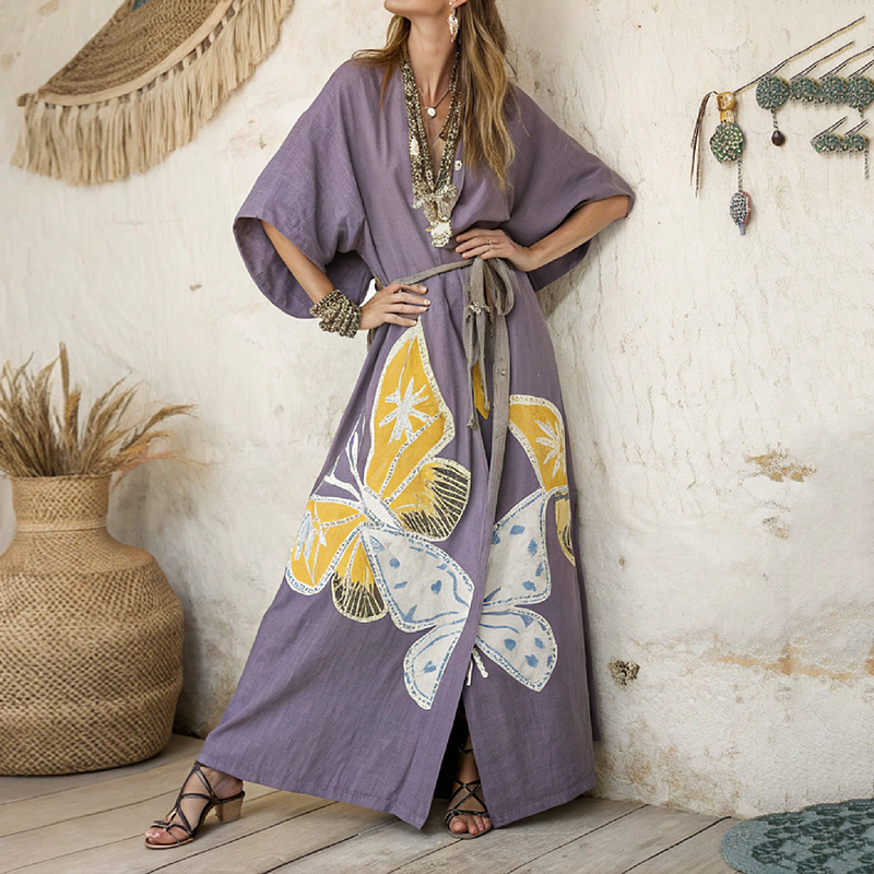 Women's Butterfly Art  Linen V-neck Robe elevenforest