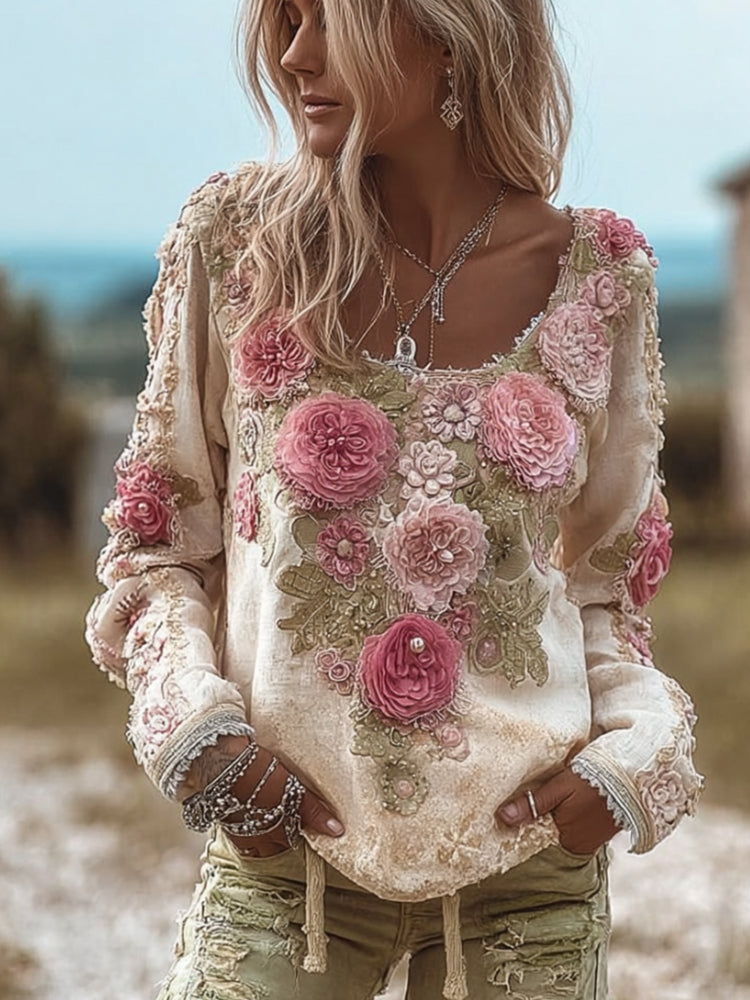 Women's Romantic Pink Rose Vintage Casual Long-sleeved Top elevenforest
