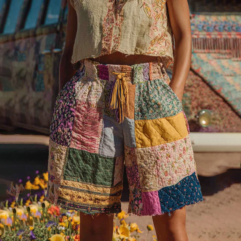 Countryside Style Collection Classy Patchwork Floral Pattern Art Linen Shorts elevenforest