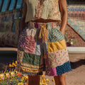 Countryside Style Collection Classy Patchwork Floral Pattern Art Linen Shorts elevenforest