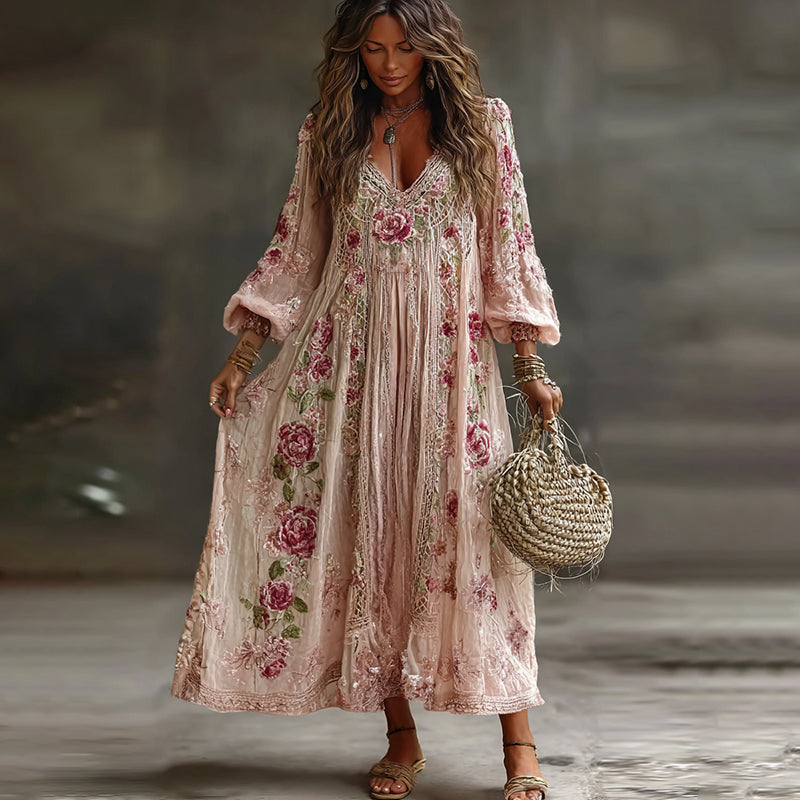 Women's Vintage Retro Floral Art Flowy Linen Blend Casual Long Sleeve Maxi Dress elevenforest