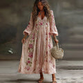 Women's Vintage Retro Floral Art Flowy Linen Blend Casual Long Sleeve Maxi Dress elevenforest