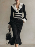 Elegant And Classic Contrast Striped Black V-neck Knitted Midi Dress