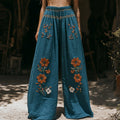 Women's Retro Linen Bohemian Ethnic Flowers Print Long Loose Wide-leg Trouser Pants elevenforest