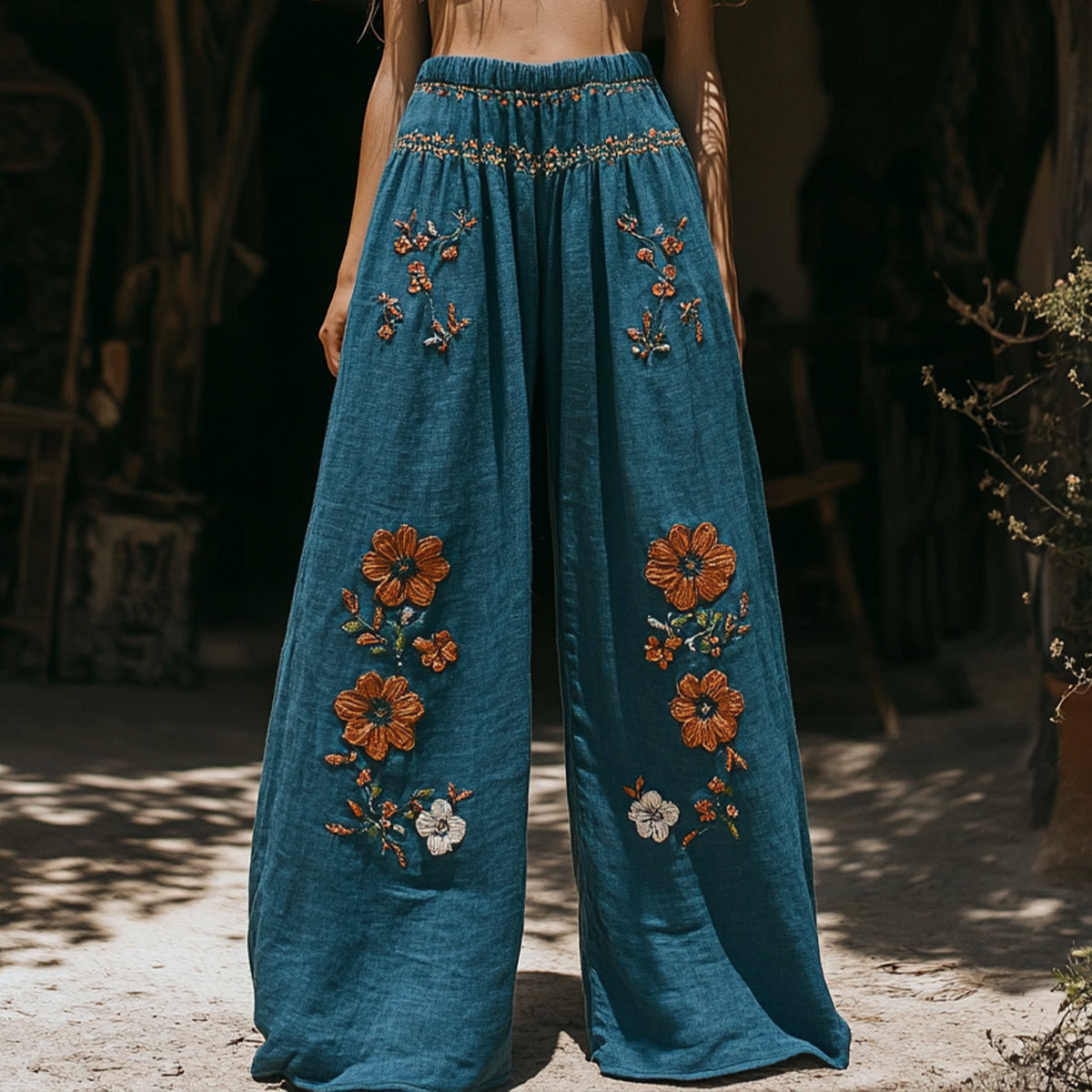 Women's Retro Linen Bohemian Ethnic Flowers Print Long Loose Wide-leg Trouser Pants elevenforest