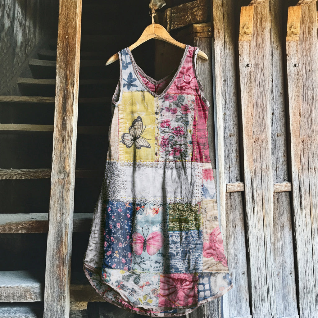 Vintage Bohemian Geometric Floral Art Linen Blend Tank Dress elevenforest