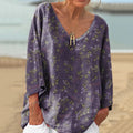 Comstylish Vintage Floral Print V-neck Linen Blend T-shirt