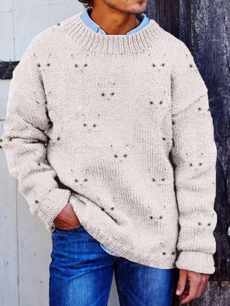 Men's Cute Cat Face Pattern Cozy Knit Sweater elevenforest