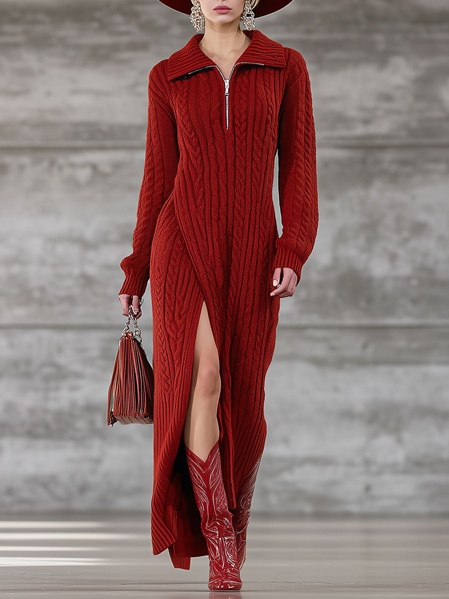 Fashion Retro Red Lapel Hem Slit Knitted Maxi Dress