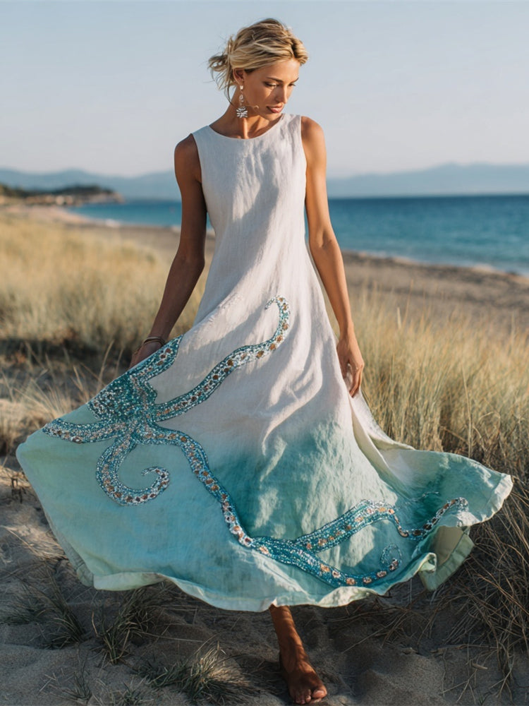 Ocean Octopus Embroidered Boho Art Women's Linen Vest Maxi Dress elevenforest