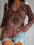 Women's Ethnic Tattoo Art Print V-Neck Long Sleeve Top