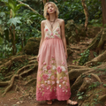 Pink Flowers Embroidered Vintage Linen Suspender Long Skirt elevenforest