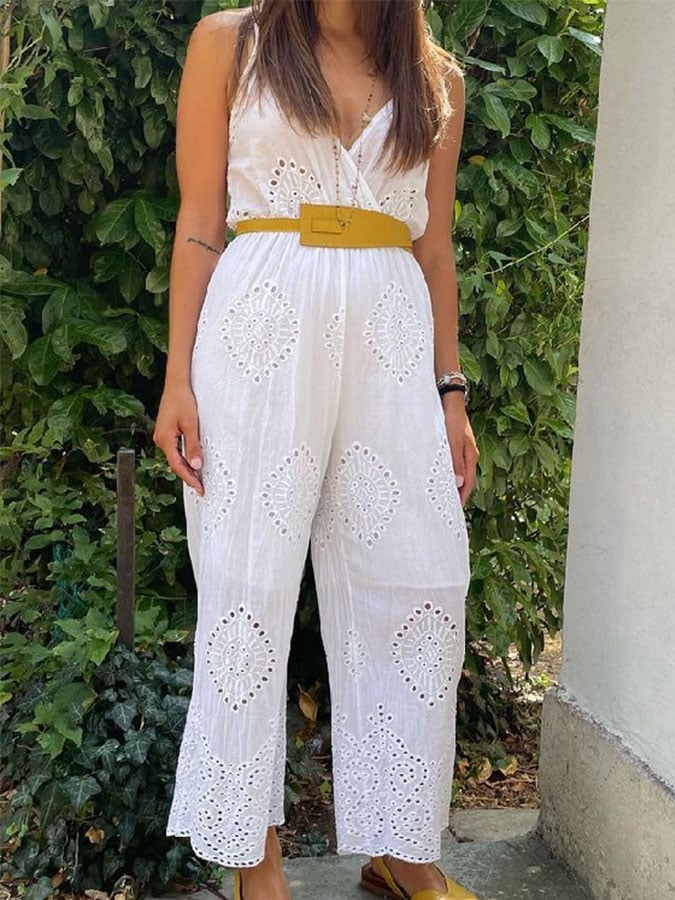 V-Neck Solid Color Suspender Jumpsuit