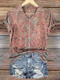 Women's Vintage Paisley Floral Art Print V-neck Casual T-Shirt