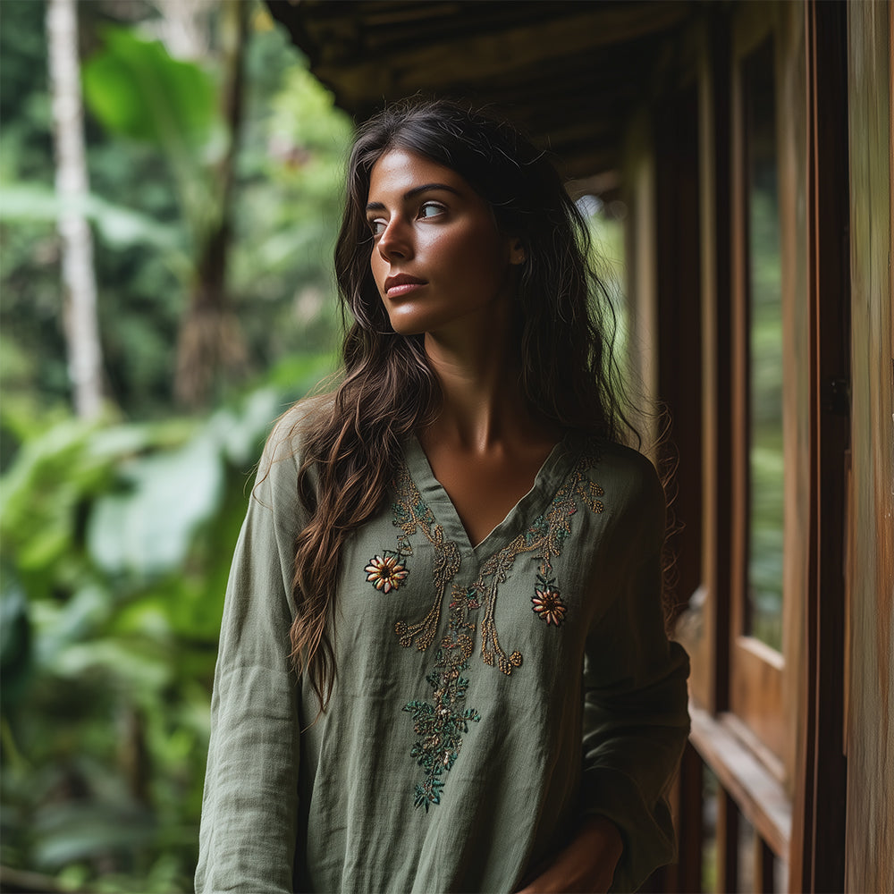 Vintage Bohemian Embroidered Linen V-neck Shirt elevenforest