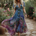 Women's Vintage Blue Rose Floral Embroidery Gradient Casual Dress elevenforest