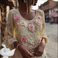 Bohemian Style Plant And Flower Embroidery Women's Round Neck Long Sleeve Cotton And Linen Top elevenforest