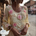 Bohemian Style Plant And Flower Embroidery Women's Round Neck Long Sleeve Cotton And Linen Top elevenforest