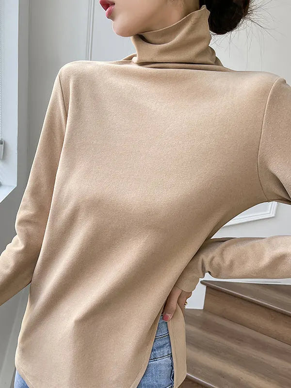 Skinny Long Sleeves Split-side Color High-neck T-shirts Tops