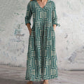 Vintage Geometric Print V-neck Linen Blend Midi Dress elevenforest