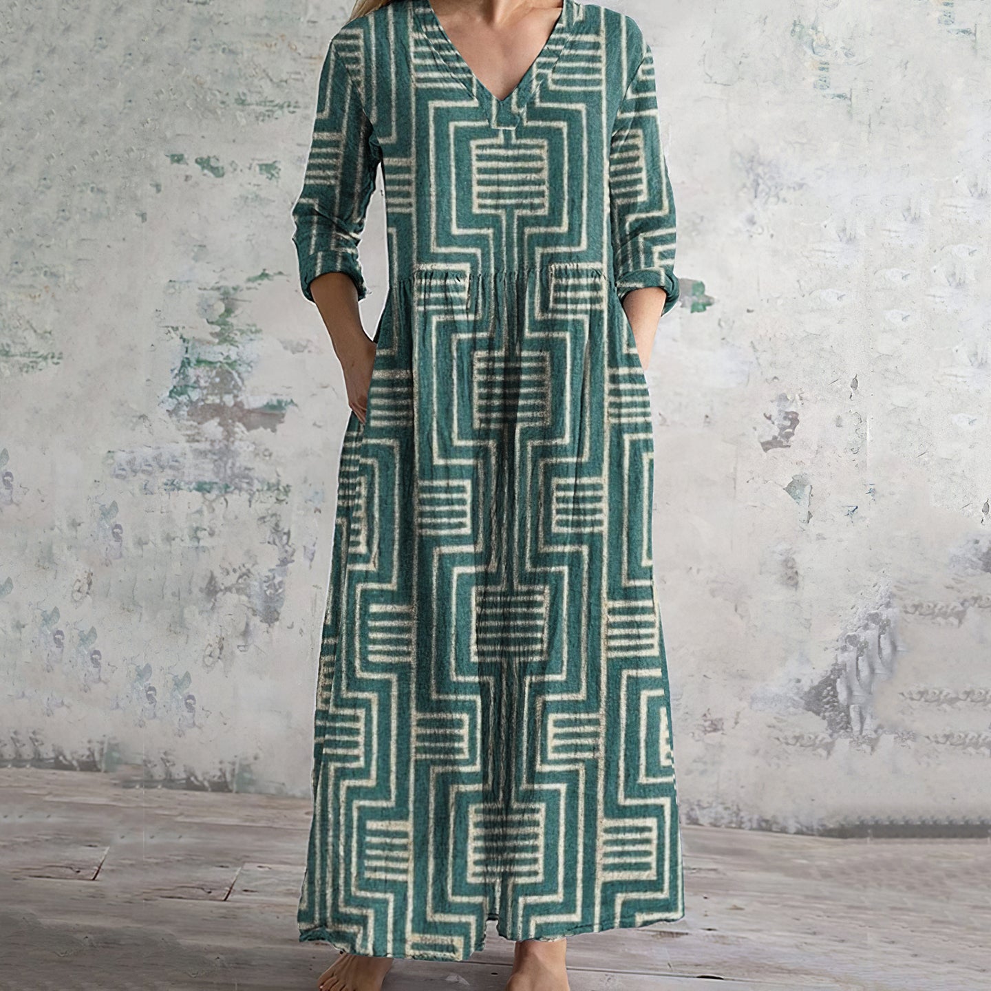 Vintage Geometric Print V-neck Linen Blend Midi Dress elevenforest