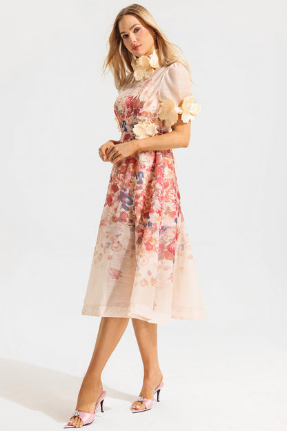 Round Neck Lace Up Short Sleeve Midi Dress