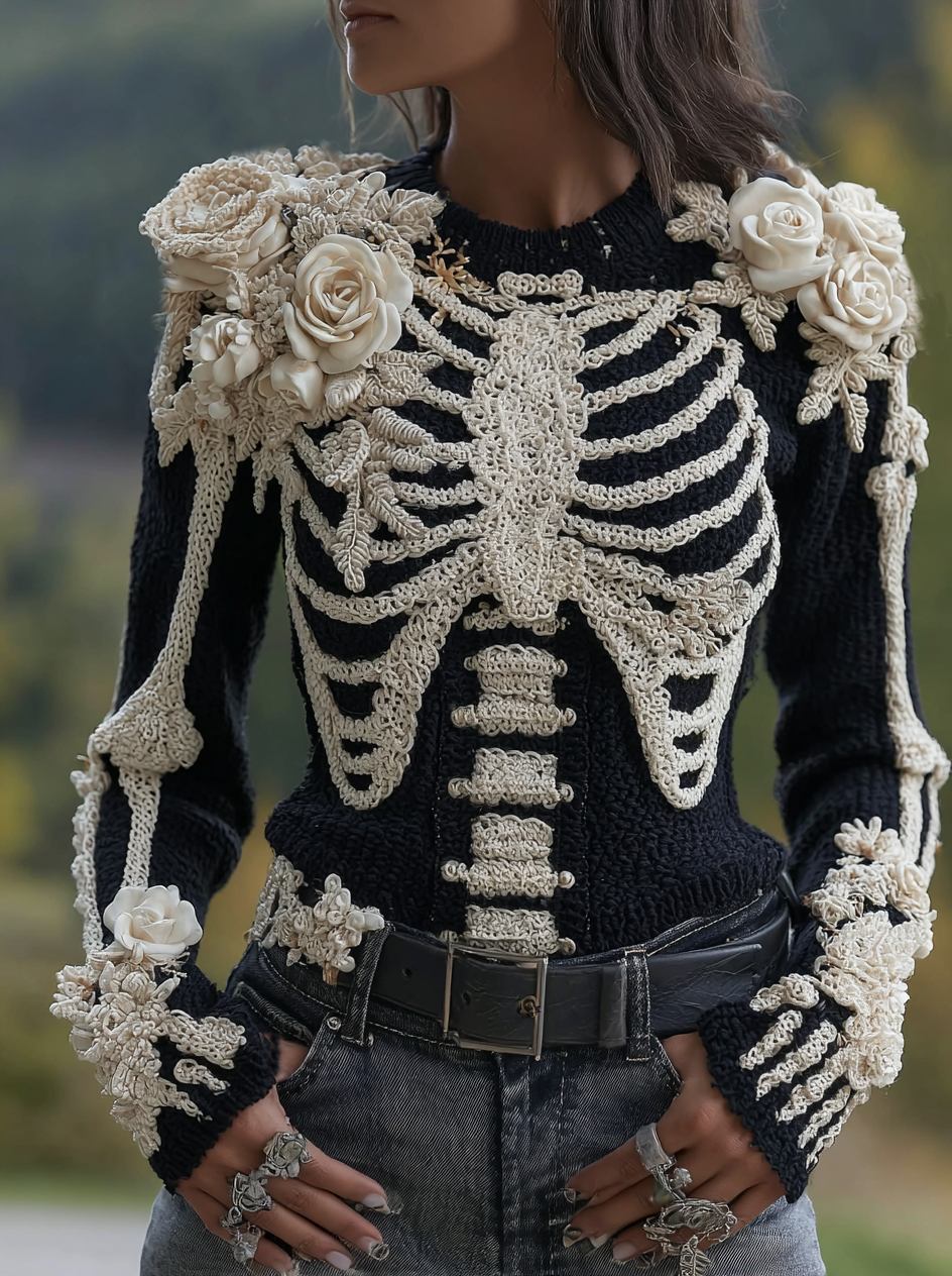 Women's Halloween Skeleton Bones With Roses Art Knitted Warm Sweater artswardrobe