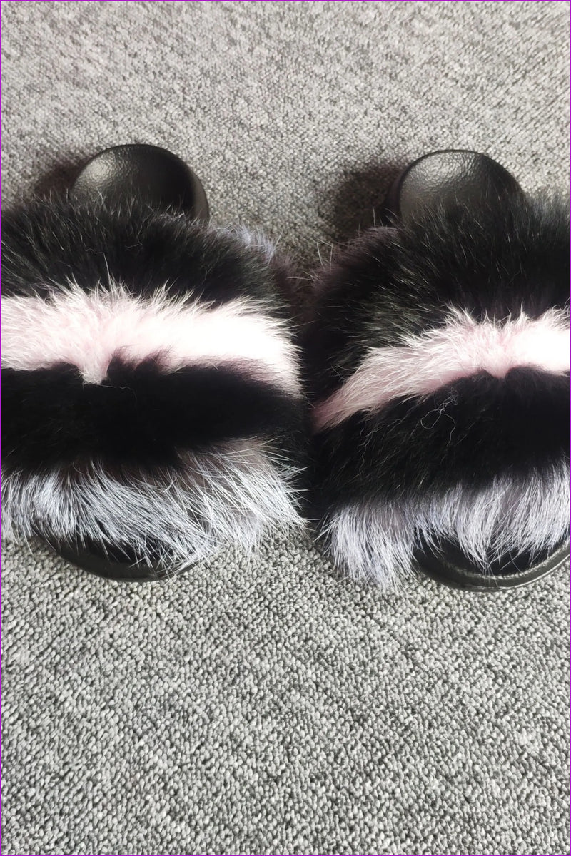 Black Mixed Pink Fox Full-pelt Fur Sliders Df003