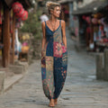 Women's Japanese-style Floral Linen Sleeveless V-neck Jumpsuit elevenforest