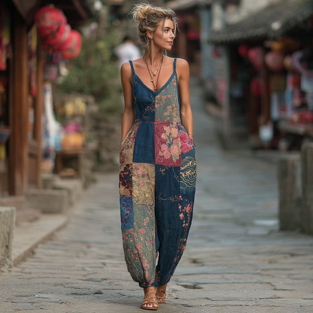Women's Japanese-style Floral Linen Sleeveless V-neck Jumpsuit elevenforest