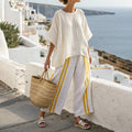 Striped Simple Linen Blended Casual T-shirt Two Piece Set elevenforest