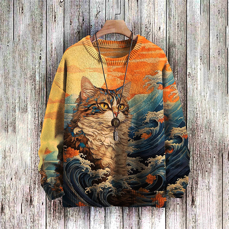 Retro Fashion Cat Print Casual Knit Pullover Sweater elevenforest