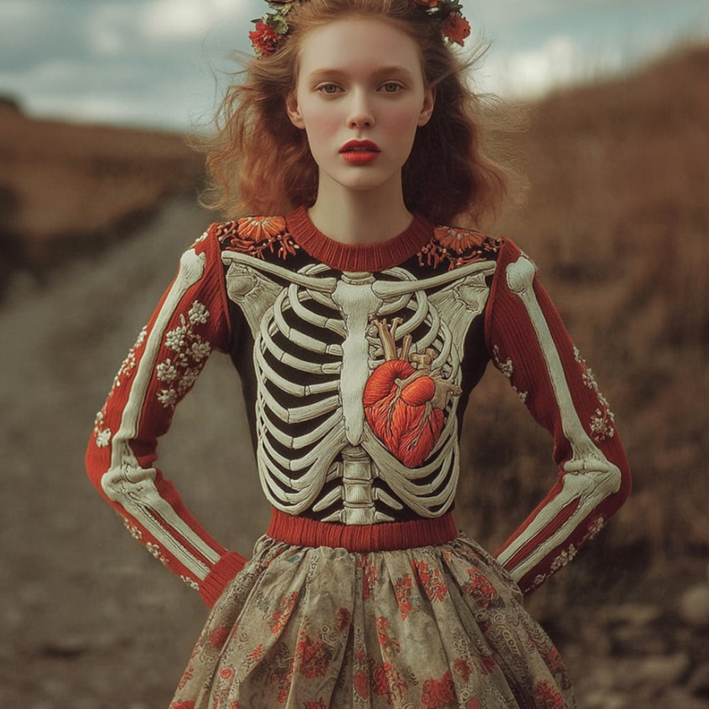 Women's Halloween Anatomy Art And Flower Color Blocked Round Neck Sweater elevenforest