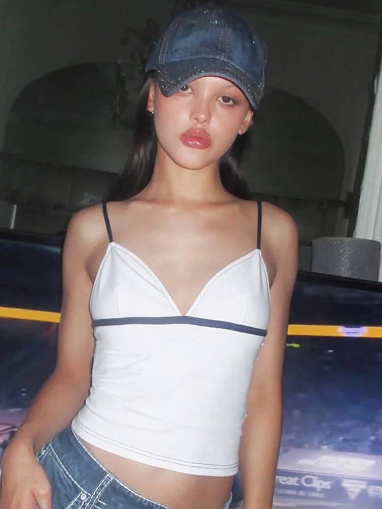 V-neck White Halter Tops Edgy Clothes Y2k Accessories Color Blocking Ropa De Mujer Camison Verano Büstiyer