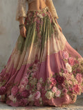 Boho Pink Roses Forest Colorblock Flowy Wide Skirt elevenforest