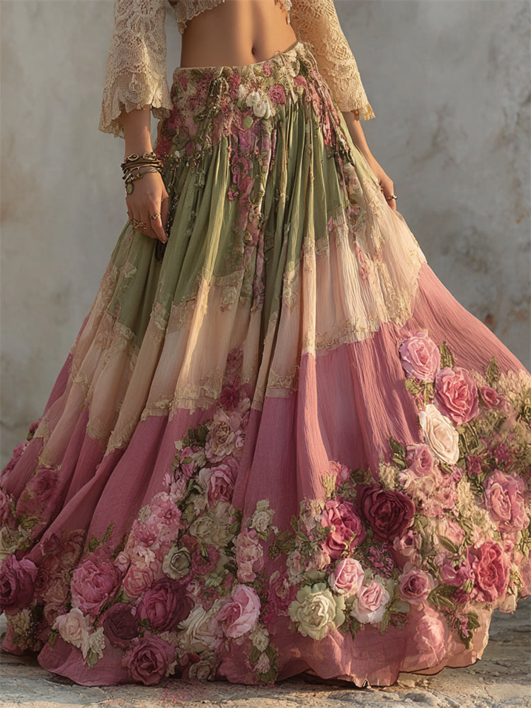 Boho Pink Roses Forest Colorblock Flowy Wide Skirt elevenforest