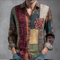 Western Style Bohemian Plant Flower Pattern Color Block Patchwork Retro Cotton And Linen Men's Shirt elevenforest