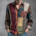 Western Style Bohemian Plant Flower Pattern Color Block Patchwork Retro Cotton And Linen Men's Shirt elevenforest