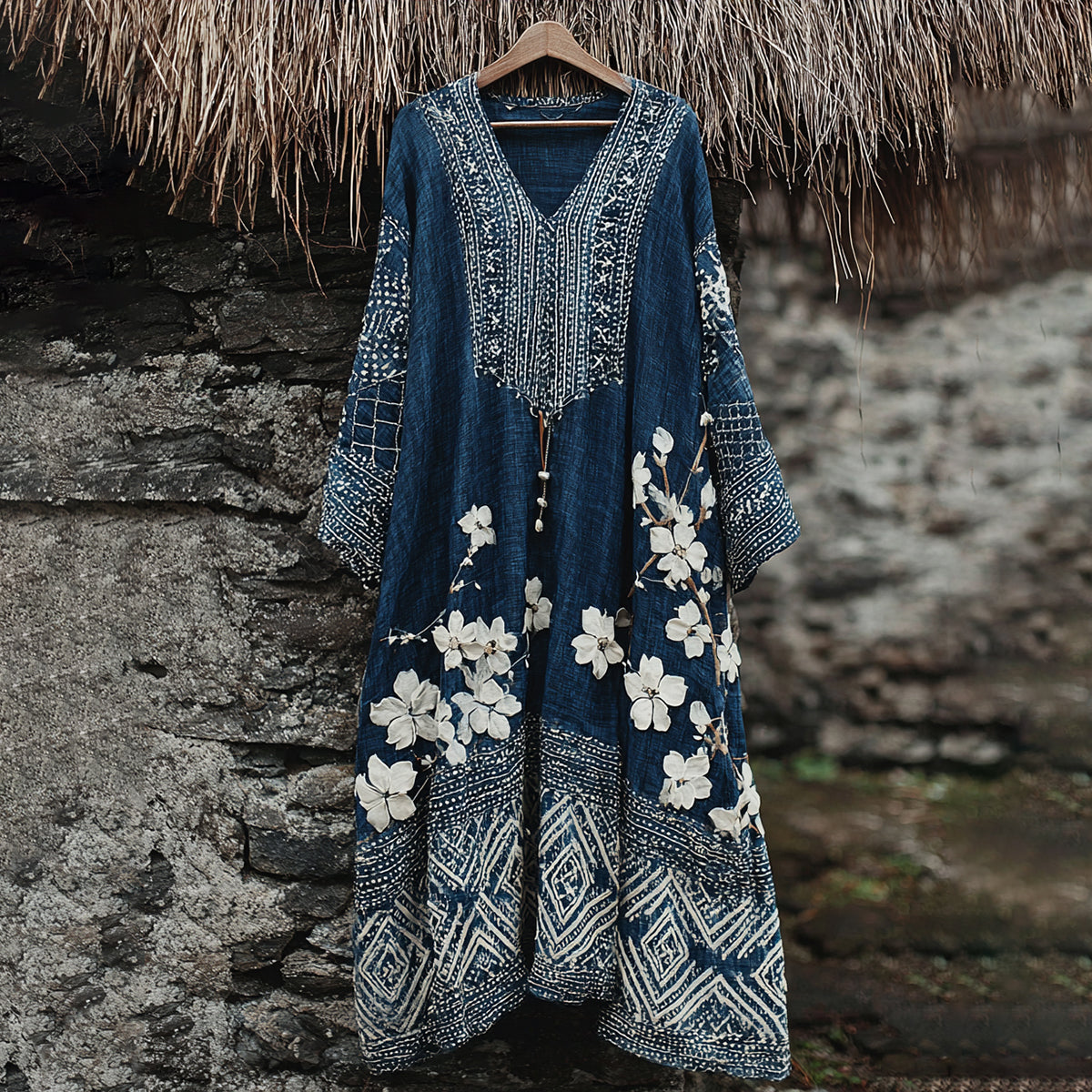 Women's Traditional Japanese Sashiko Art V-neck Dress elevenforest