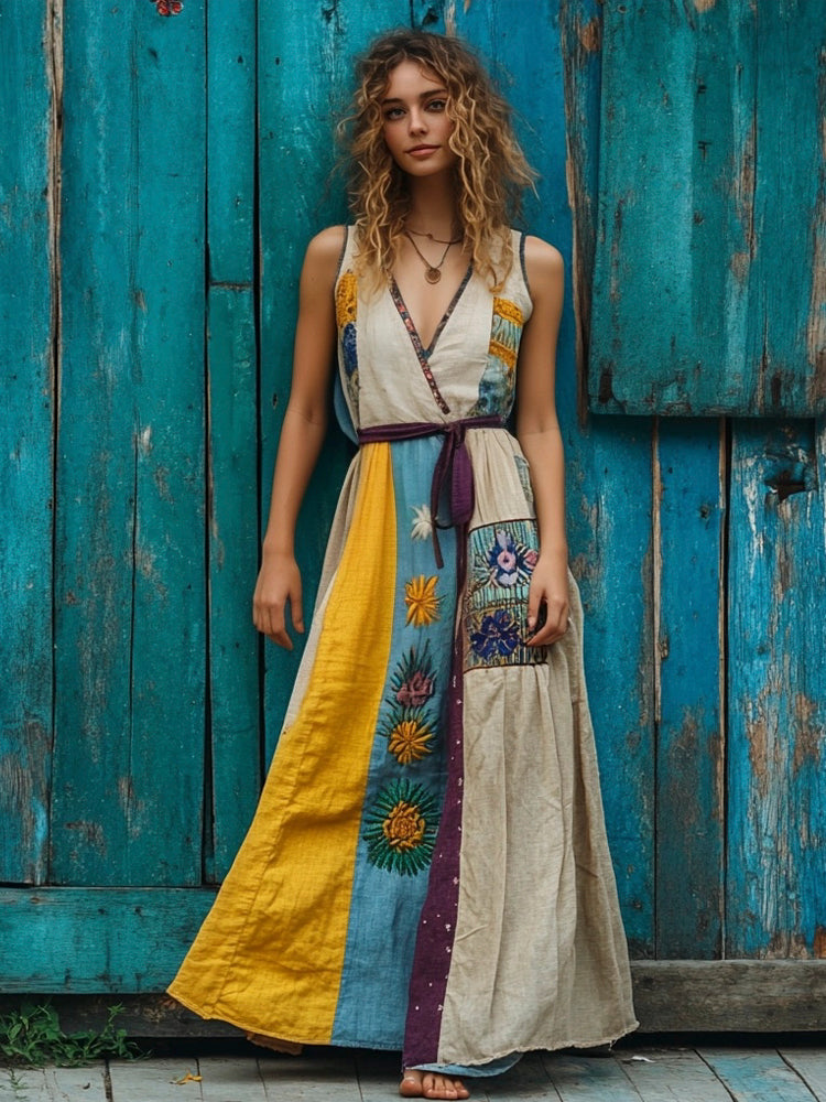 Vintage Boho Floral Embroidered Women's Linen Vest Maxi Dress elevenforest