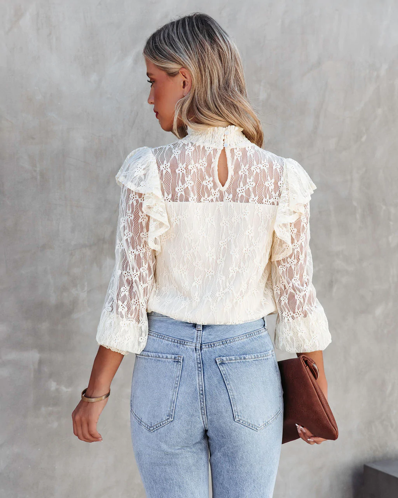 Summer Vacation New Gouhua Hollow Lace Lotus Long Sleeve Blouses