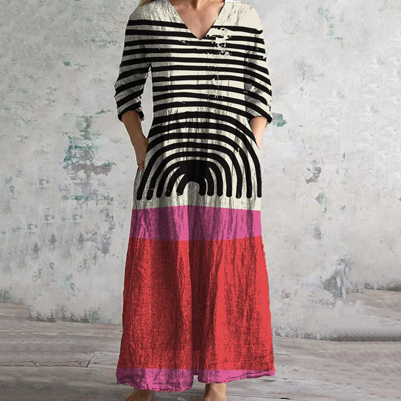 Vintage Stripe With Colorful Art Pattern Women's Linen Dress elevenforest