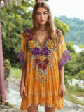 Boho Vintage Floral Women's Linen V-neck Mini Dress elevenforest