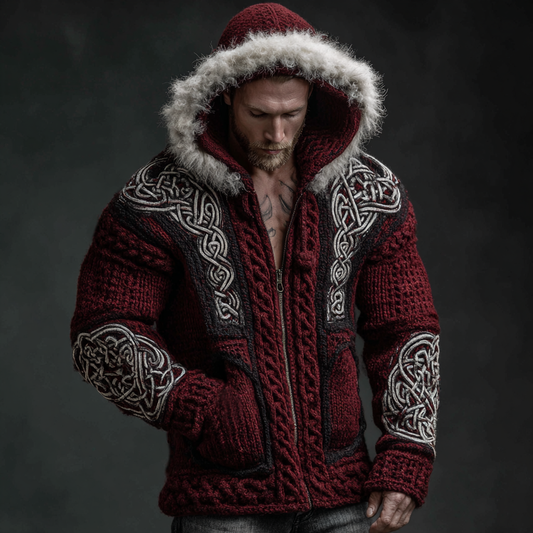 Comstylish Men's Retro Celtic Knot Art Knitted Hoodie Sweater Jacket