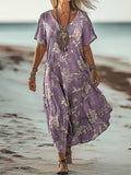 Women's Simple Flower Art Print V Neck Pocket Cotton Dress