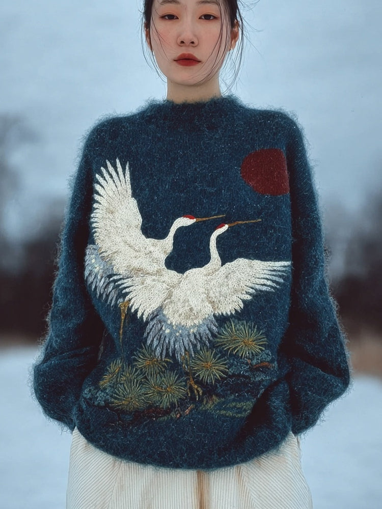 Comstylish Vintage Flying Cranes Japanese Art Cozy Knit Sweater